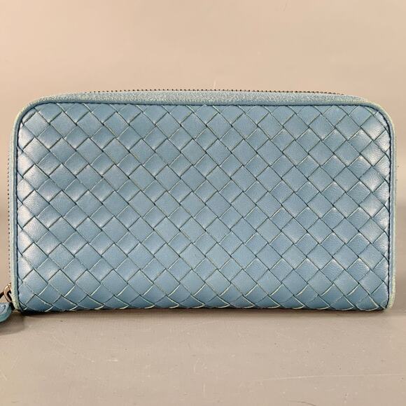 BOTTEGA VENETA Blue Woven Intrecchiato Leather Zipper Checkbook Wallet - Picture 3 of 9